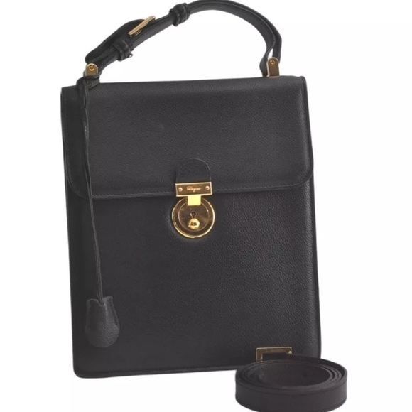 Authentic Salvatore Ferragamo 2Way Shoulder Hand Bag Leather Black - Picture 1 of 16